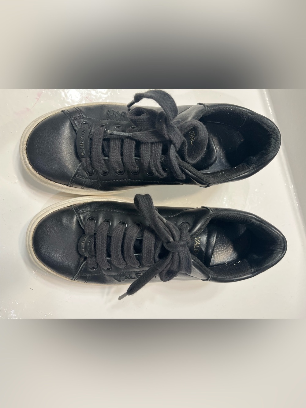 Valentino Black Leather Low-Top Sneakers with White Sole